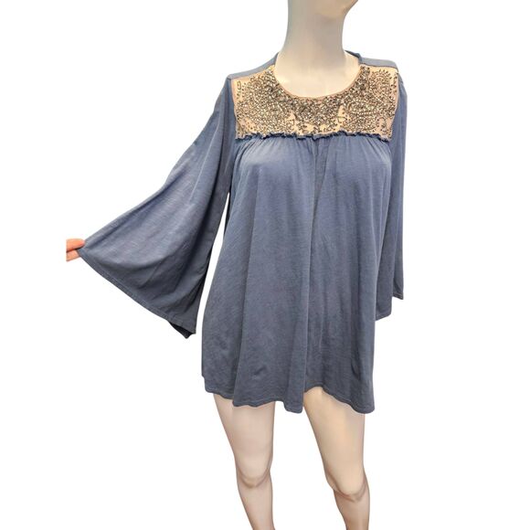 Deletta Blue Beaded Sheer Yoke Belle Sleeve Knit Top Womens Size XS - Picture 1 of 9
